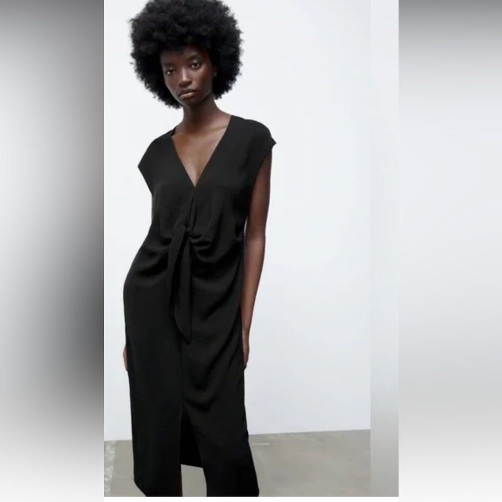Zara Elegant Black Tie-Front Dress with front split